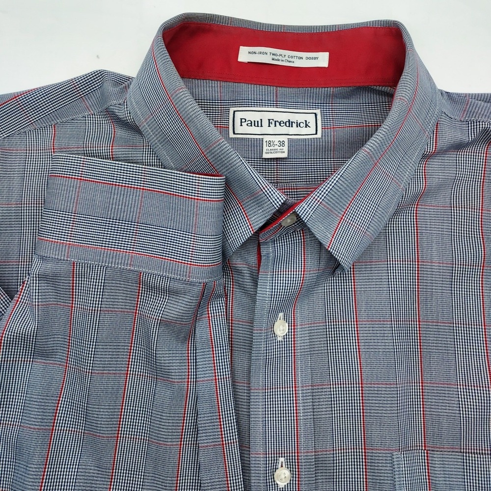 Paul Fredrick Men's 18.5 38 Classic‎ Fit Blue Red Plaid Dress Shirt Cotton